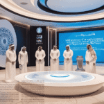 depict a formal event in the UAE, likely focused on AI or technological advancements. The setting is modern, with an illuminated circular table in the center, sophisticated digital displays in the background, and traditional Arabic attire worn by attendees. One screen mentions themes related to heritage, technology, and growth.