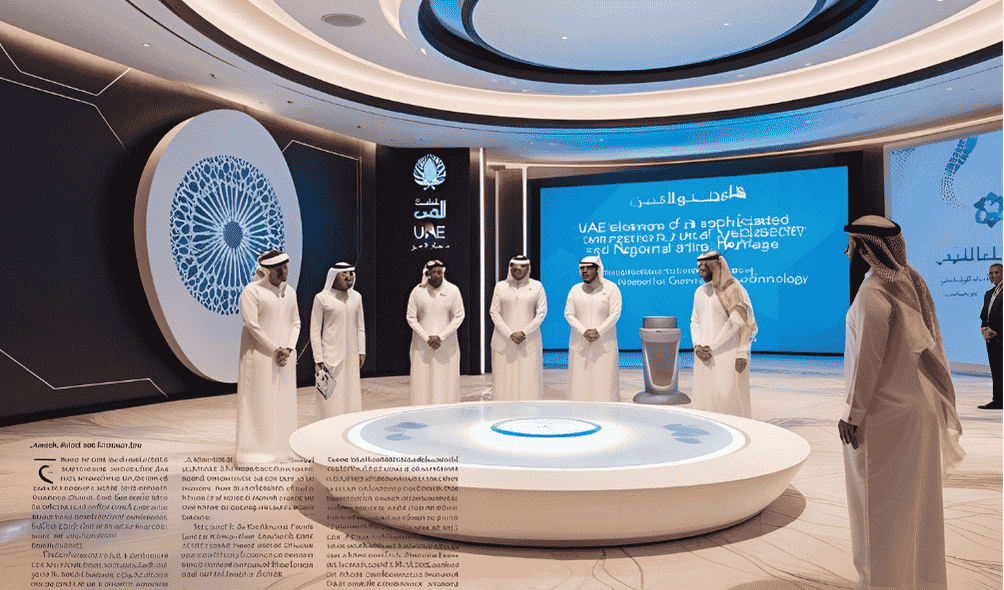 depict a formal event in the UAE, likely focused on AI or technological advancements. The setting is modern, with an illuminated circular table in the center, sophisticated digital displays in the background, and traditional Arabic attire worn by attendees. One screen mentions themes related to heritage, technology, and growth.