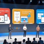 depict a corporate presentation or conference, with four presenters standing on a stage in front of a screen displaying three distinct sections. Each section includes visual elements and text describing innovations. event is related to Google technologies or innovations