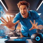 A man enthusiastically interacting with a futuristic holographic interface, surrounded by advanced AI tools in a tech-focused environment.
